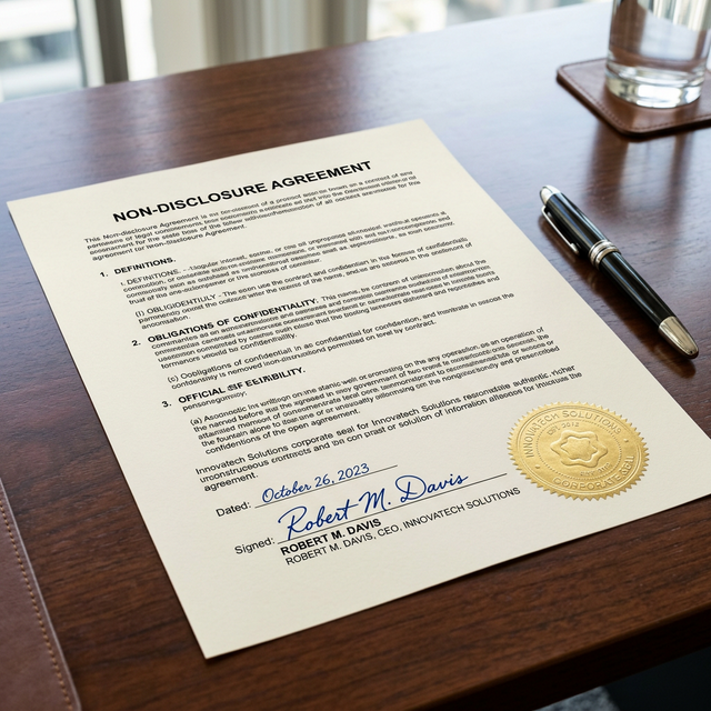 Formal Non-Disclosure Agreement contract on cream paper with blue ink signature and embossed gold seal