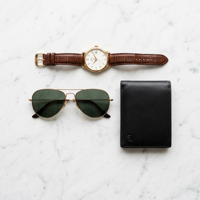 Luxury men's accessories flat-lay on white marble