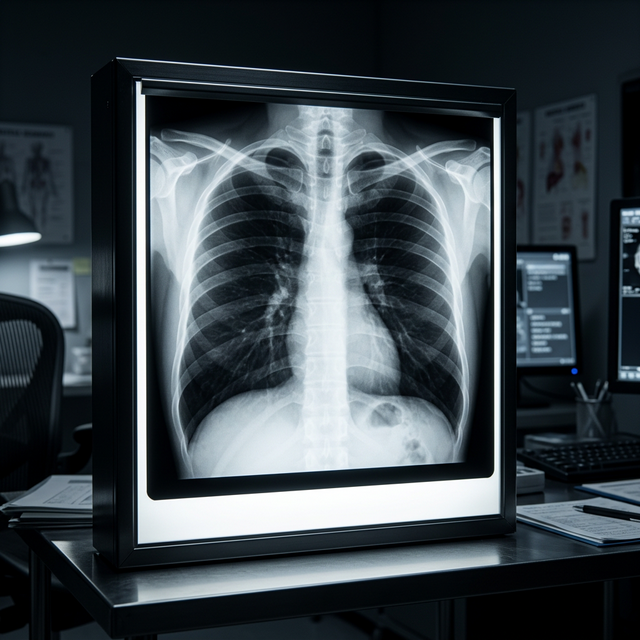 Chest X-ray radiograph showing ribcage silhouette, lung fields, and cardiac shadow on a clinical lightbox